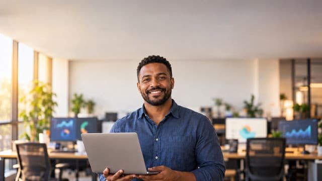Cientista de dados sorrindo, com camisa casual azul, segurando um notebook aberto, em um escritório de tecnologia moderno com telas de gráficos desfocadas