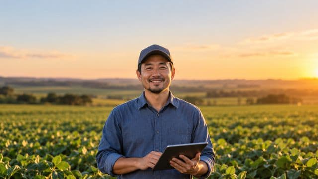 Engenheiro agrônomo sorrindo, com camisa azul de mangas compridas e boné, segurando um tablet, em uma plantação extensa no fim da tarde