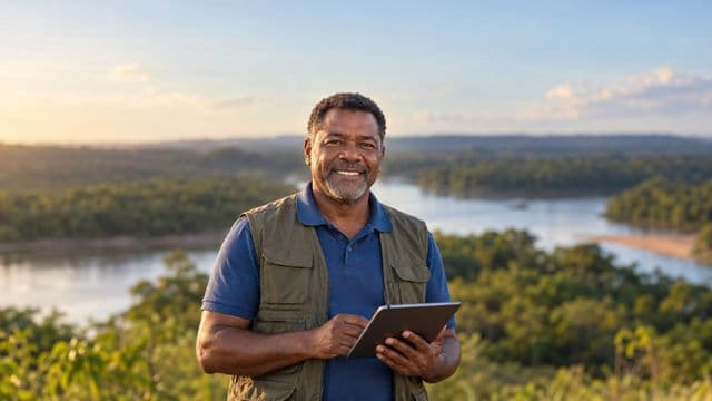Gestor ambiental sorrindo, com camisa polo azul e colete de campo, segurando um tablet, em uma área de preservação com mata e um rio