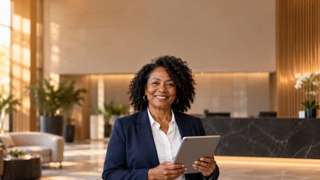 Secretária executiva sorrindo, com blazer azul-marinho sobre camisa branca, segurando um tablet, em a recepção elegante de uma empresa