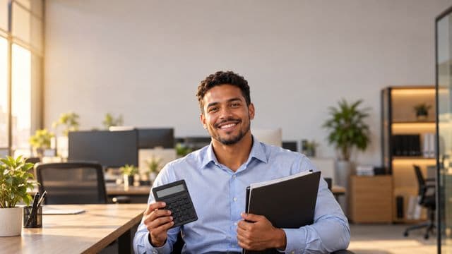 Contador sorrindo, com camisa social azul-clara, segurando uma calculadora e uma pasta de documentos, em um escritório contábil moderno