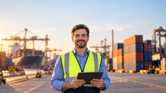 Analista de comércio exterior sorrindo, com camisa social azul e colete refletivo, segurando um tablet, em um porto com contêineres coloridos empilhados