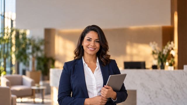 Secretária executiva sorrindo, com blazer azul-marinho sobre camisa branca, segurando um tablet, em a recepção elegante de uma empresa
