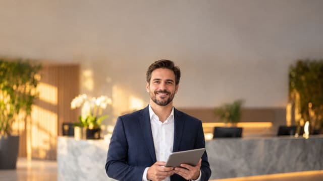 Secretário executivo sorrindo, com blazer azul-marinho sobre camisa branca, segurando um tablet, em a recepção elegante de uma empresa