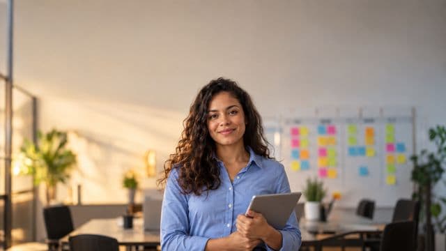 Gerente de projetos sorrindo, com camisa social azul, segurando um tablet, em uma sala de reunião com um quadro de tarefas cheio de post-its coloridos