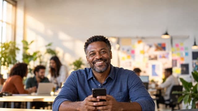 Profissional de marketing sorrindo, com camisa casual azul, segurando um smartphone, em uma agência criativa moderna com equipe desfocada e quadros de ideias