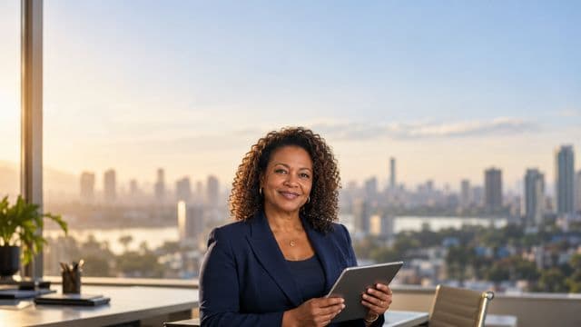 Analista financeira sorrindo, com terno azul-marinho, segurando um tablet, em um escritório corporativo com vista para a cidade