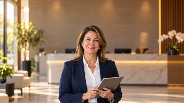 Secretária executiva sorrindo, com blazer azul-marinho sobre camisa branca, segurando um tablet, em a recepção elegante de uma empresa