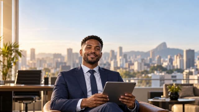Analista financeiro sorrindo, com terno azul-marinho, segurando um tablet, em um escritório corporativo com vista para a cidade