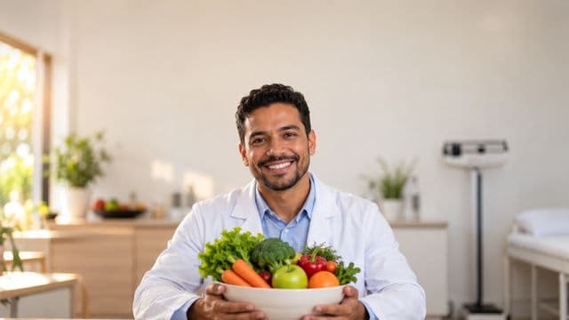 Nutricionista sorrindo, com jaleco branco sobre camisa azul-clara, segurando uma tigela de frutas e legumes frescos, em um consultório de nutrição claro com bancada e balança