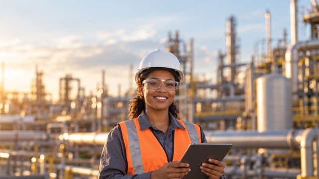 Engenheira industrial sorrindo, com capacete branco, óculos de proteção e colete laranja, segurando um tablet, em uma planta industrial com tubulações