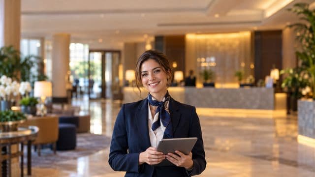 Profissional de turismo sorrindo, com blazer azul-marinho com lenço no pescoço, segurando um tablet, em o saguão de um hotel elegante