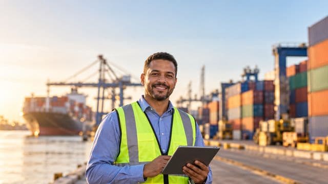 Analista de comércio exterior sorrindo, com camisa social azul e colete refletivo, segurando um tablet, em um porto com contêineres coloridos empilhados