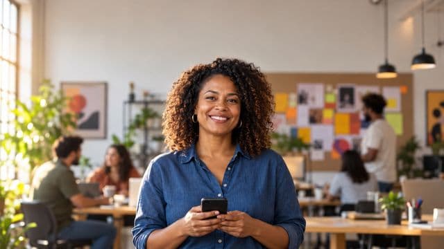Profissional de marketing sorrindo, com camisa casual azul, segurando um smartphone, em uma agência criativa moderna com equipe desfocada e quadros de ideias