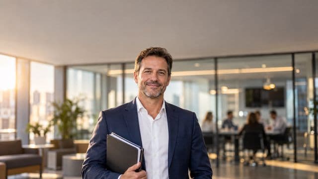 Profissional de recursos humanos sorrindo, com blazer azul sobre camisa branca, segurando uma pasta de documentos, em um escritório moderno com uma sala de reunião envidraçada
