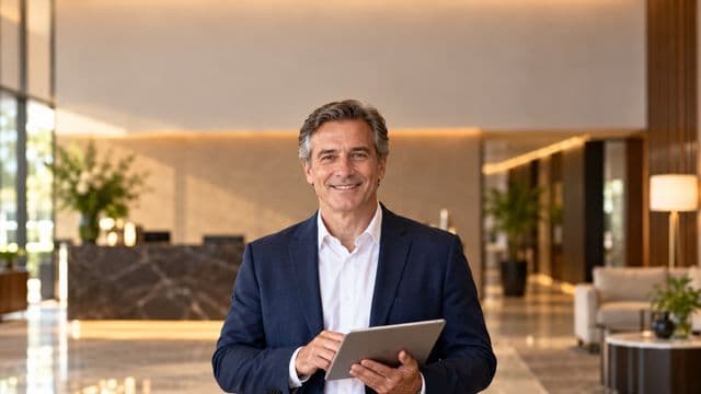 Secretário executivo sorrindo, com blazer azul-marinho sobre camisa branca, segurando um tablet, em a recepção elegante de uma empresa