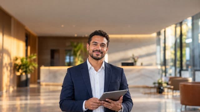Secretário executivo sorrindo, com blazer azul-marinho sobre camisa branca, segurando um tablet, em a recepção elegante de uma empresa