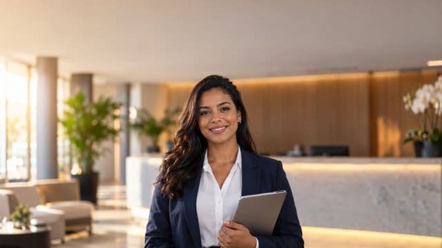 Secretária executiva sorrindo, com blazer azul-marinho sobre camisa branca, segurando um tablet, em a recepção elegante de uma empresa