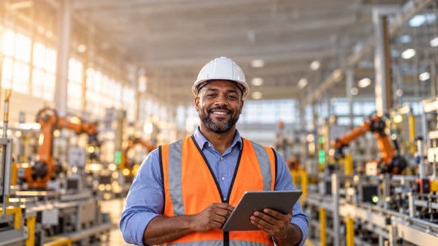 Engenheiro de produção sorrindo, com capacete branco e colete laranja sobre camisa azul, segurando um tablet, em uma fábrica moderna com linha de produção e braços robóticos