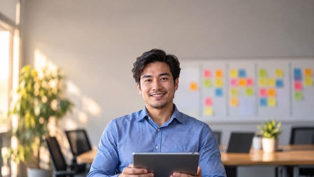 Gerente de projetos sorrindo, com camisa social azul, segurando um tablet, em uma sala de reunião com um quadro de tarefas cheio de post-its coloridos
