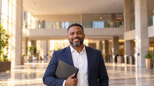 Servidor público sorrindo, com blazer azul-marinho sobre camisa branca, segurando uma pasta, em o saguão amplo de um prédio público moderno