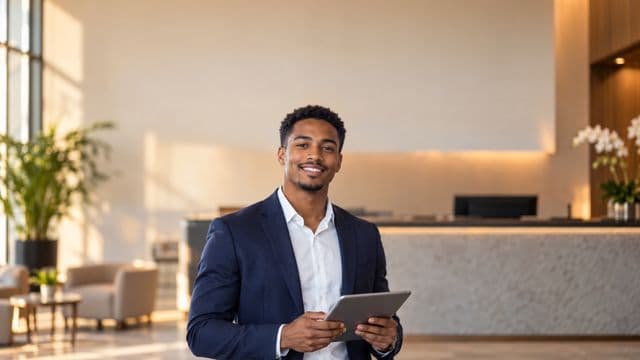 Secretário executivo sorrindo, com blazer azul-marinho sobre camisa branca, segurando um tablet, em a recepção elegante de uma empresa