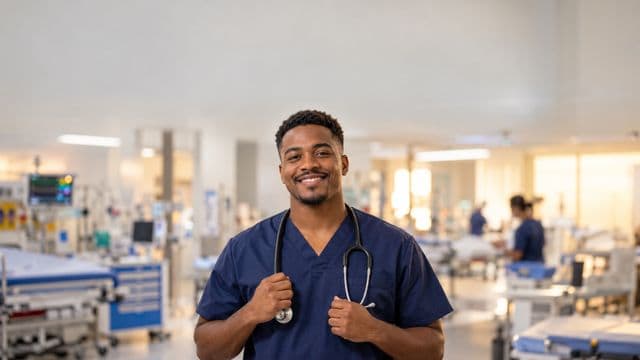 Profissional de emergência sorrindo, com uniforme azul-marinho de equipe de emergência, segurando um estetoscópio, em uma sala de emergência hospitalar moderna