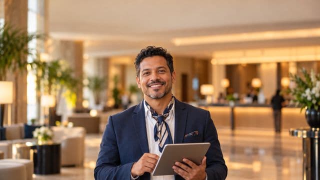 Profissional de turismo sorrindo, com blazer azul-marinho com lenço no pescoço, segurando um tablet, em o saguão de um hotel elegante