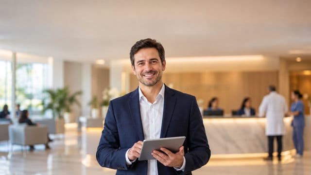 Gestor hospitalar sorrindo, com blazer azul-marinho sobre camisa branca, segurando um tablet, em a recepção de um hospital moderno