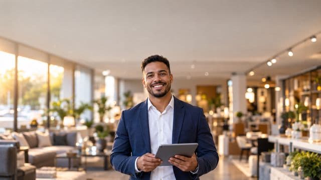 Gerente comercial sorrindo, com blazer azul-marinho sobre camisa branca, segurando um tablet, em uma loja moderna e bem iluminada