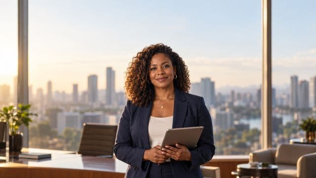 Analista financeira sorrindo, com terno azul-marinho, segurando um tablet, em um escritório corporativo com vista para a cidade
