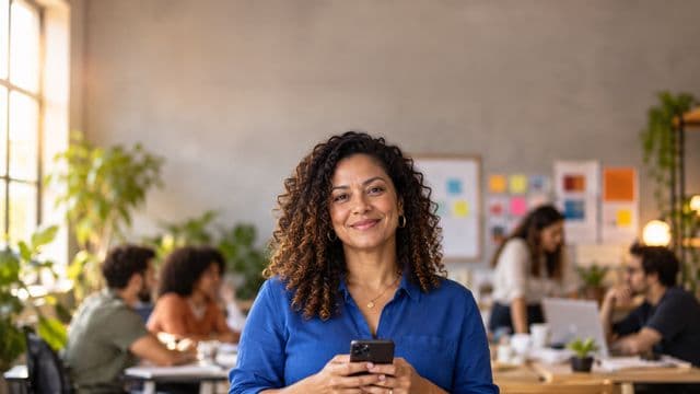Profissional de marketing sorrindo, com camisa casual azul, segurando um smartphone, em uma agência criativa moderna com equipe desfocada e quadros de ideias