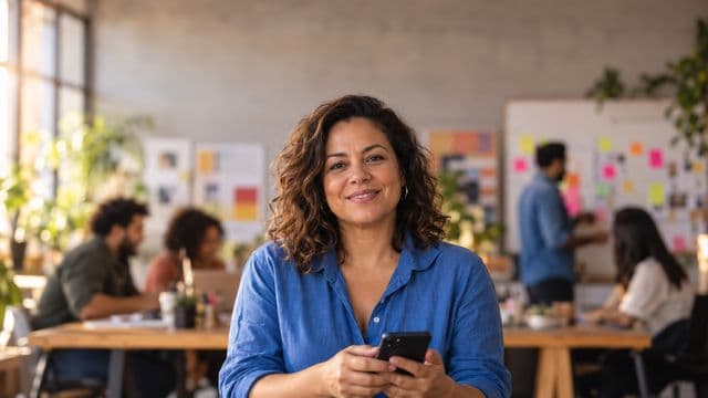 Profissional de marketing sorrindo, com camisa casual azul, segurando um smartphone, em uma agência criativa moderna com equipe desfocada e quadros de ideias