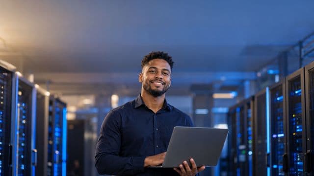 Especialista em segurança da informação sorrindo, com camisa social azul-escura, segurando um notebook, em uma sala de servidores com luzes azuis