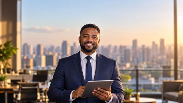 Analista financeiro sorrindo, com terno azul-marinho, segurando um tablet, em um escritório corporativo com vista para a cidade