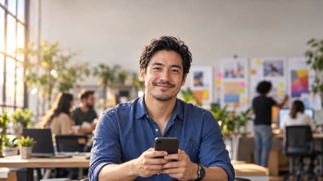 Profissional de marketing sorrindo, com camisa casual azul, segurando um smartphone, em uma agência criativa moderna com equipe desfocada e quadros de ideias