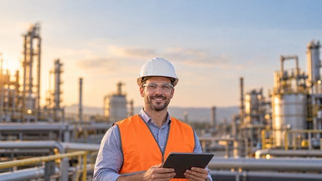 Engenheiro industrial sorrindo, com capacete branco, óculos de proteção e colete laranja, segurando um tablet, em uma planta industrial com tubulações