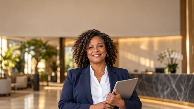 Secretária executiva sorrindo, com blazer azul-marinho sobre camisa branca, segurando um tablet, em a recepção elegante de uma empresa
