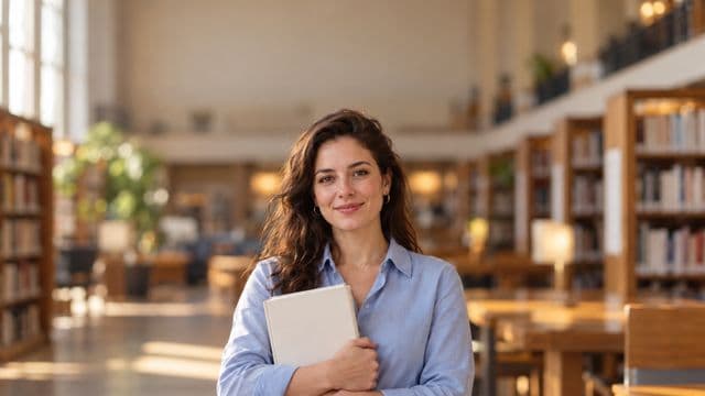 Professora de ciências humanas sorrindo, com camisa social azul, segurando um livro de capa lisa, em uma biblioteca universitária com estantes