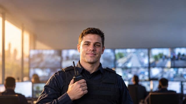 Profissional de segurança pública sorrindo, com farda azul-escura sem brasões, segurando um rádio comunicador, em uma central de monitoramento com telas