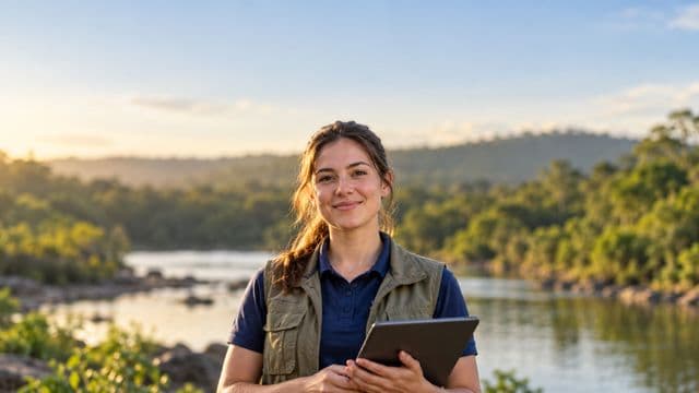 Gestora ambiental sorrindo, com camisa polo azul e colete de campo, segurando um tablet, em uma área de preservação com mata e um rio