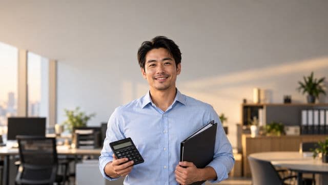 Contador sorrindo, com camisa social azul-clara, segurando uma calculadora e uma pasta de documentos, em um escritório contábil moderno