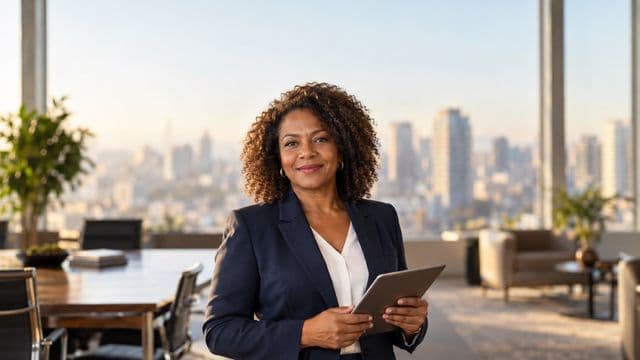 Analista financeira sorrindo, com terno azul-marinho, segurando um tablet, em um escritório corporativo com vista para a cidade