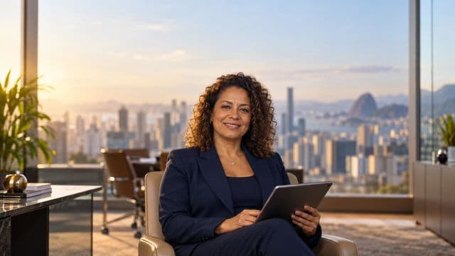 Analista financeira sorrindo, com terno azul-marinho, segurando um tablet, em um escritório corporativo com vista para a cidade
