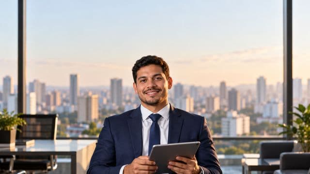 Analista financeiro sorrindo, com terno azul-marinho, segurando um tablet, em um escritório corporativo com vista para a cidade