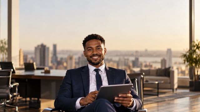 Analista financeiro sorrindo, com terno azul-marinho, segurando um tablet, em um escritório corporativo com vista para a cidade