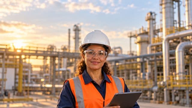 Engenheira industrial sorrindo, com capacete branco, óculos de proteção e colete laranja, segurando um tablet, em uma planta industrial com tubulações
