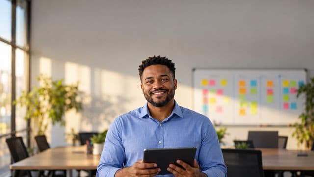 Gerente de projetos sorrindo, com camisa social azul, segurando um tablet, em uma sala de reunião com um quadro de tarefas cheio de post-its coloridos