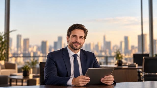 Analista financeiro sorrindo, com terno azul-marinho, segurando um tablet, em um escritório corporativo com vista para a cidade
