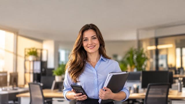Contadora sorrindo, com camisa social azul-clara, segurando uma calculadora e uma pasta de documentos, em um escritório contábil moderno